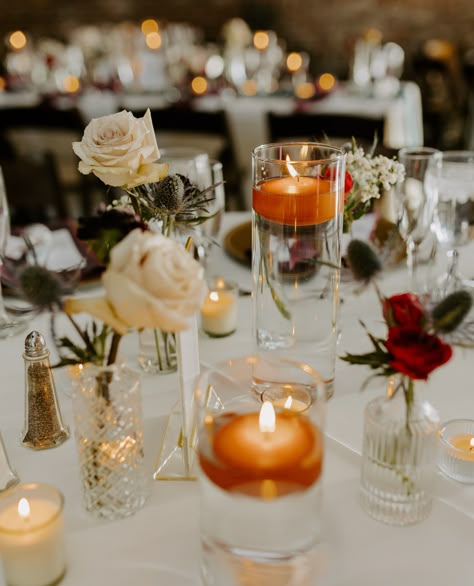 Round Table Centerpieces Wedding Floating Candles, Floating Candles With Bud Vases, Floating Candles And Bud Vase Centerpiece, Non Floral Wedding Centerpieces Diy, Votive Centerpieces Wedding, Bud Vases And Floating Candles, Candles And Bud Vase Centerpiece, Floating Candle, Candle And Flower Centerpieces