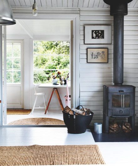 Simple, rustic summer house, cottage.  horizontal, painted plank walls.  Denmark. Scandinavian Fireplace, White Cabin, Plank Walls, Casa Vintage, Style Cottage, Scandinavian Living, Style At Home, Scandinavian Home, A Living Room