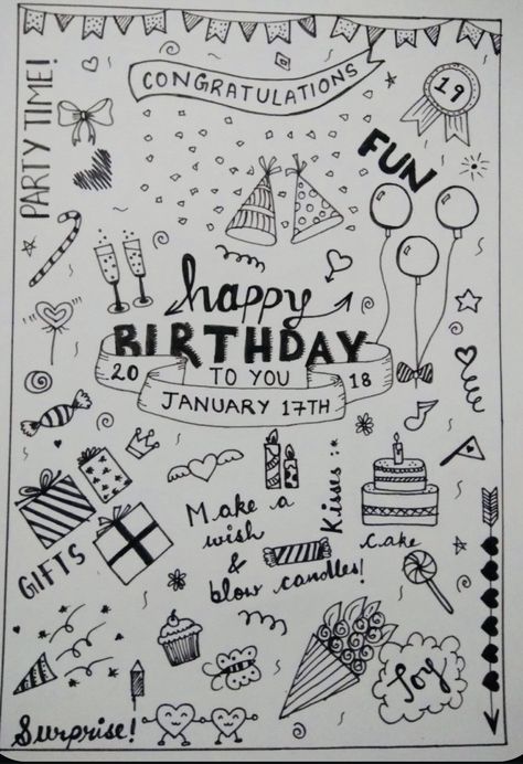 Birthday Wish Drawing, Birthday Wishes Drawing Ideas, Doodles For Dads Birthday, Happy 21st Birthday Drawing, Birthday Sketch Art Drawings, Birthday Celebration Drawing, Birthday Doodles Aesthetic, Birthday Sketch Art, Bday Doodles