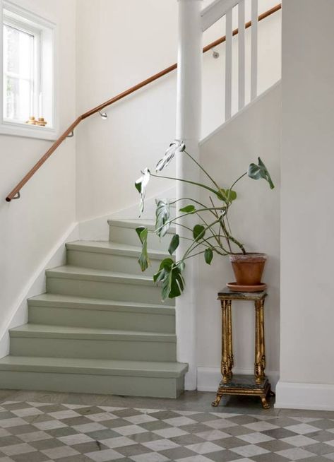 Light Green Staircase, Sage Green Stairs, Sage Stairs, Farmhouse Painted Stairs, Sage Staircase, Green Painted Stairs, Narrow Staircase Ideas, Green Staircase, Green Stairs