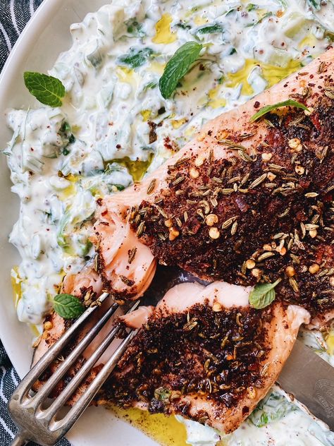 Oven Baked Spiced Rainbow Trout With Loaded Yoghurt | The Healthy Hunter Rainbow Trout Recipe Baked, Oven Baked Wedges, Yoghurt Sauce, Oily Fish, Trout Recipes, Rainbow Trout, Fish Fillet, Just Cooking, Week Meal Plan