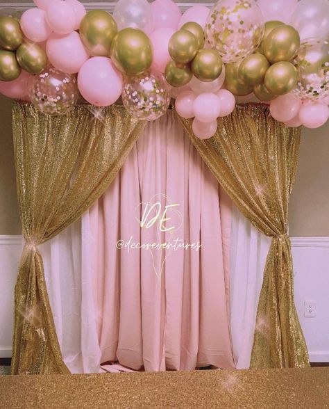 Pink And Gold Backdrop Ideas, Pink And Gold Party Backdrop, Pink Birthday Backdrop Ideas, Pink Gold And White Backdrop, Pink Gold And White Party Decoration, Pink And Gold Balloon Arch Backdrop, Princess Backdrop Ideas, Pink Backdrop Birthday, Pink And Gold Party Ideas