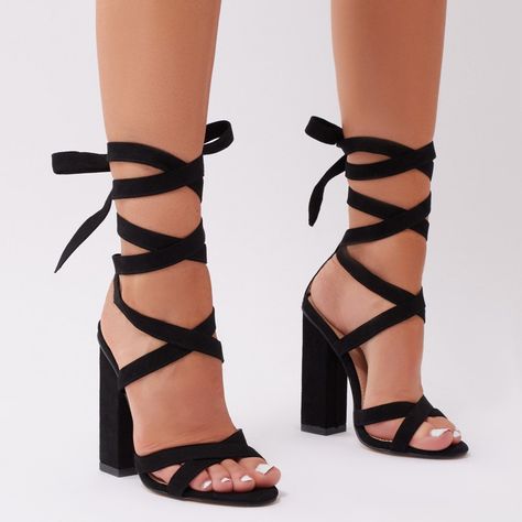 Vera Lace Up Heels in Black Faux Suede Black Heels Prom, Heels Prom, Heels Block, Tie Up Heels, Cute Shoes Heels, Black Shoes Heels, Prom Heels, Lace Heels, Studded Heels