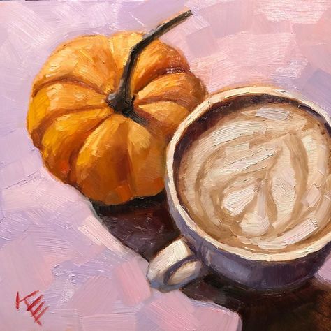 Krista Eaton on Instagram: “6”x6” ‘ pumpkin spice’ thought I’d try one of these paintings.. it was fun! #pumkin #latte #art #painting #stilllife #oilpainting” Pumpkin Spice Painting, Pumpkin Spice Latte Wallpaper, Pumpkin Spice Latte Painting, Mixed Media Pumpkin Art, How To Make A Pumkin Spice Latte At Home., Painted Books, Pumpkin Spice Latte, Painted Pumpkins, Pumpkin Spice