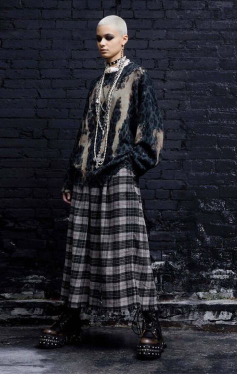 Prep Punk Style, Punk Kilt Outfit, Earth Punk Fashion, Nonbinary Alternative Fashion, Punk Long Skirt, Winter Punk Outfits Grunge Fashion, Man Rock Outfit, Anti Fashion Outfits, Industrial Punk Fashion