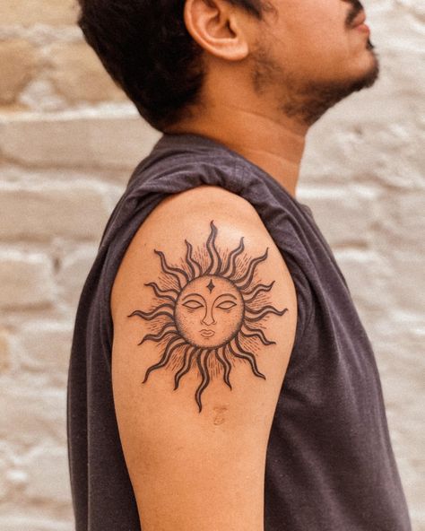 Sun With Flames Tattoo, Unique Sun Tattoo For Men, Sun Tattoo Men Arm, Indian Sun Tattoo, Roman Sun Tattoo, Sun Tattoo Men Shoulder, Sun Themed Tattoos, Bohemian Sun Tattoo, Sun Tattoos Men