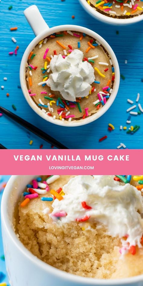 This vegan vanilla mug cake is fluffy, moist and rich and made in 90 seconds in the microwave! The easiest and most delicious one-serving cake recipe ever. | lovingitvegan.com Single Serving Cake Recipe, Vanilla Mug Cake, Mugcake Recipe, Gluten Free Mug Cake, Vegan Vanilla Cupcakes, Vegan Mug Cakes, Vegan Vanilla Cake, Microwave Dessert, Mug Cake Healthy