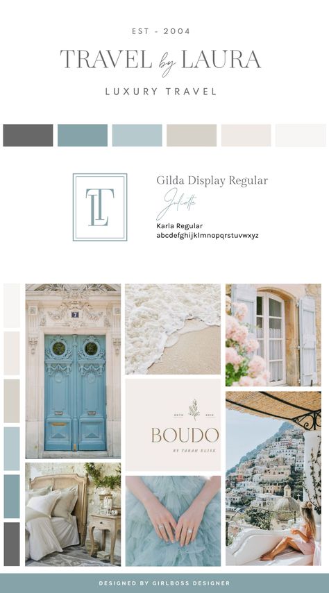 Laura, the founder of Travel by Laura, had a clear vision for her brand. She wanted it to be classic, chic, and timeless. To achieve this goal, we have carefully chosen an elegant color palette consisting of shades of French blue, and varying neutrals from charcoal to light nudes and off-white. All these elements work together to create a refined and detailed vibe that perfectly captures the essence of Laura’s vision for her brand. Chic Paperie Color Palette, French Style Color Palette, Luxe Brand Color Palette, Blue And Cream Moodboard, Luxury Brand Colors Inspiration, French Blue Color Palette, Brand Color Palette Mood Boards, Clean Blue Color Palette, Brand Colors Palette