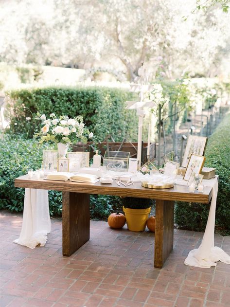 An Intimate Garden Wedding Full Of Modern Whimsy Party Favor Table Wedding, Garden Theme Wedding Decor, Guest Signing Table Wedding, Small Intimate Wedding Reception, Card Table Ideas, Wedding Welcome Table Ideas, Guest Signing Table, Wedding Entrance Ideas, Wedding Entry Table