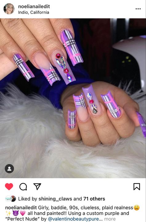 Purple Plaid Nails, Pink Plaid Nails, Challenge Nails, Pink Black Plaid, Plaid Nail Designs, Clueless Vibes, Purple Nail Art, Night School, Nail Decor