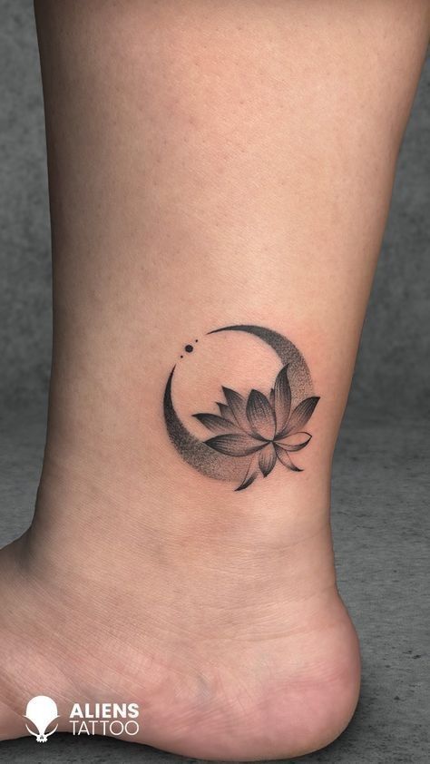 Tulip Moon Tattoo, Small Lotus Flower Tattoo Design, Flower Crescent Moon Tattoo, Lotus Pond Tattoo, Simple Dotwork Tattoo, Dark Lotus Tattoo, Tiny Feminine Tattoos, Simple Moon Tattoo Designs, Dotwork Flower Tattoo