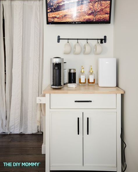 Bedroom Coffee Station Ideas - Perfect DIY Corner Bar! | The DIY Mommy Diy Corner Bar, Snacks Corner, Bedroom Coffee Station, Small Space Coffee Bar, Coffee Corner Ideas, Cofee Bar, Coffee Tea Station, Adding Curb Appeal, Diy Coffee Station