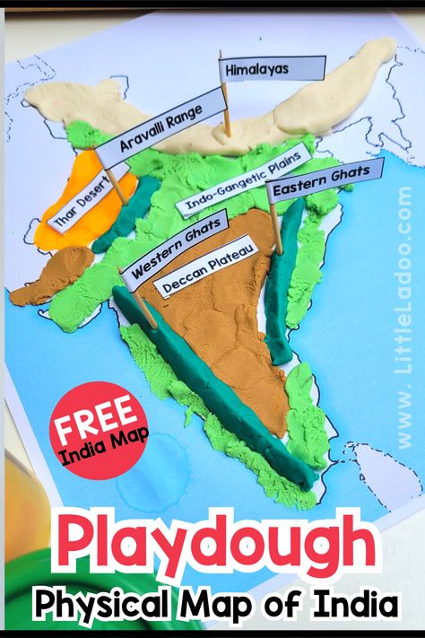 Physical Map of India with playdough Social Expo Ideas, Geography Exhibition Ideas, Projects For Kids Educational, Social Project Ideas, Geography Models For Exhibition, Geography Working Model Ideas, Geography Models Project Ideas, Physical Features Of India Project, Social Science Activities