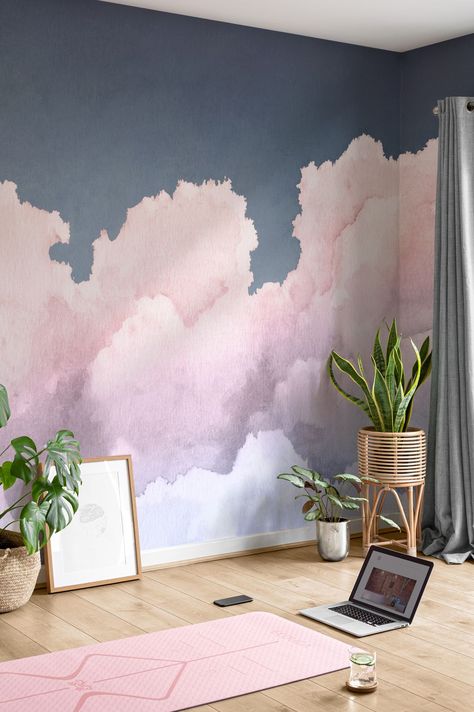 10 common wallpaper dilemmas and how to solve them Ethereal Sky, Watercolour Wallpaper, Detailed Wall, Soft Clouds, Dreamy Nursery, Pastel Sunset, Room Wall Painting, Watercolor Sky, Blue Sunset