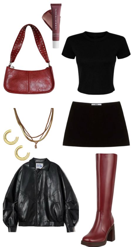 Cute going out or dinner outfit. Check out some favorites from this look on my storefront. https://www.amazon.com/gp/profile/amzn1.account.AFOPYSQUBBR7UNEMDETUBDZ35VIQ #blackoutfit #maroonoutfit #blackminiskirt #blackskirt #maroonboots #blackleatherjacket #leatherjacket #girlsnightout #dinneroutfits #allblack #maroonpurse #maroonbag #cuteoutfit Black And Maroon Outfit, Gp Profile, Stargirl Outfits, Maroon Boots, Maroon Bag, Maroon Outfit, Dinner Outfit, Outfit Check, Dinner Outfits