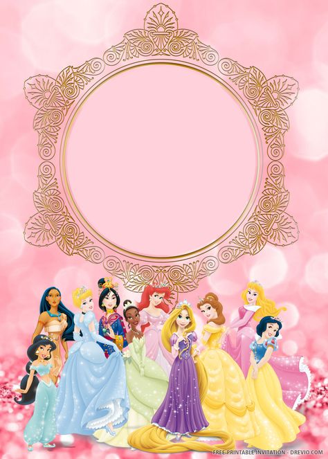 Free Printable Princess Invitation Templates | DREVIO Princess Invitation Template, Happy Birthday Disney Princess, Disney Princess Background, Disney Princess Theme Birthday Party, Disney Princess Printables, Disney Princess Invitations, Background Disney, Happy Birthday Disney, Princess Party Invitations