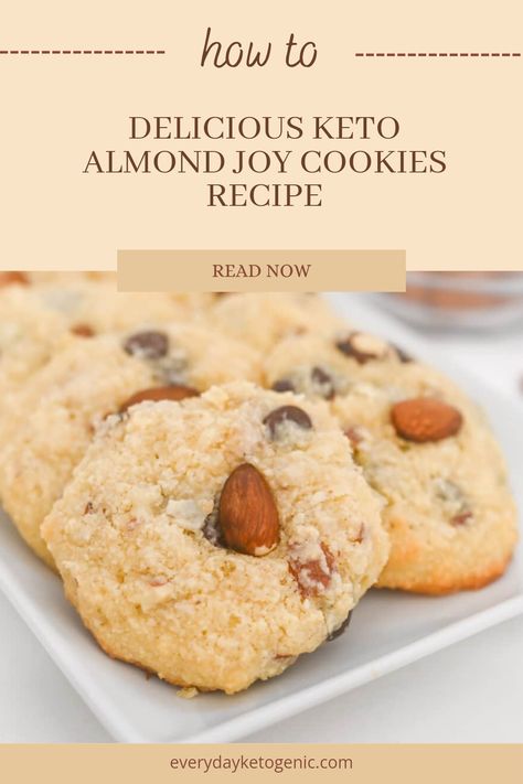 Easy Keto Almond Joy Cookies are on a plate, made with crunchy almonds, coconut, and chocolate for a guilt-free dessert. Keto Almond Joy Cookies, Keto Almond Cookies, Keto Almond Joy, Cookies Best, Joy Cookies, Soft Cookie Recipe, Easy To Make Cookies, Almond Joy Cookies, Keto Plan