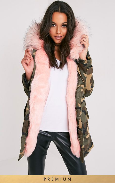 Fliss Baby Pink Premium Camo Faux Fur Lined Parka Green Parka Outfit, Fluffy Outfits, Parka Outfit, Faux Fur Pillows, Fluffy Puff, Fur Pillows, Faux Fur Parka, Women's Puffer Coats, Khaki Coat