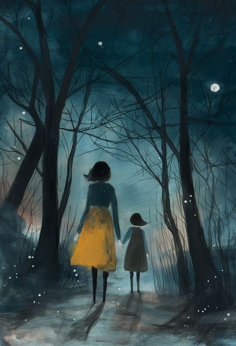 "Venture into the twilight with our latest digital art—a graceful woman shares a magical forest walk with a child. Their path lights up with playful fireflies against the deep blues of the evening. Her yellow gown, a warm contrast in the cool night, crafts the ideal Mothers Day Gift. This painting teases untold tales and quiet bonds that connect us, a sweet ode to motherhood." #DigitalArt #MotherhoodArt #TwilightJourney #DigitalArtGift Night Walk Illustration, Graceful Woman, Digital Art Gift, Forest Drawing, Forest Walk, Boy Walking, Night Illustration, Cool Night, Under The Moonlight