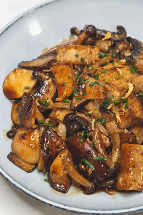 Tofu and Mushroom Adobo Recipe - Recipes by Nora Tofu Beans Recipe, Mushroom Adobo Filipino, Filipino Tofu Recipes, Vegetarian Adobo, Green Bean And Mushroom Recipes, Mushroom And Tofu Recipes, Eggplant Mushroom Recipes, Mushroom Tofu Recipe, Adobo Tofu