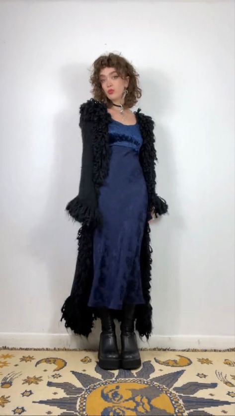 Professional Whimsigoth Outfits, 90s Whimsigoth Outfits Winter, Dark Teal Clothes, Gothic 70s Fashion, Winter Whimsical Outfit, Sophie Seddon Outfits, Blue Whimsigoth Outfit, Dark Whimsical Outfit, Pretty Goth Outfits