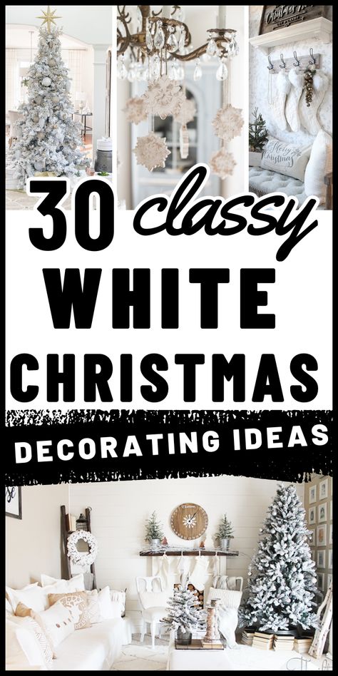 Are you looking for white theme Christmas decor? Here are 33 ways to create a white Christmas in your home! You'll see easy Diy white Christmas decorations - snow Theme & snowflakes, white Christmas trees, white Christmas table decor centerpieces and more!  See elegant examples of white Christmas decorating as well as pro-tip for how to create this aesthetic yourself! White Christmas Party Theme, White Christmas Decor Ideas, White Xmas Tree, White Christmas Party, White Christmas Tree Decorations, Winter Wonderland Decorations, Red Christmas Decor, Silver Christmas Decorations, Elegant Christmas Decor