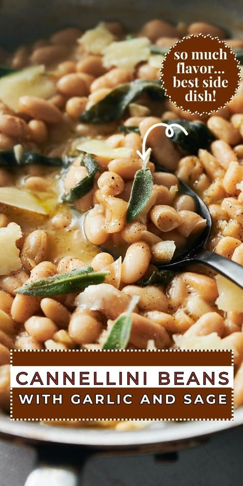 The Italian side dish that goes with everything from chicken to pork to beef. You'll find cannellini beans with sage in restaurants all over Tuscany especially! Canned cannellini beans and the aquafaba liquid inside team up with garlic and fresh sage to make a rustic vegetable dish perfect for any menu. Sausage Cannellini Beans Spinach, Instant Pot Cannellini Beans, Summer Sage Recipes, Recipes With Cannellini Beans, Cannellini Bean Recipes Dinners, Creamy Cannellini Beans, Dried Cannellini Bean Recipes, Italian Bean Recipes, Canned Cannellini Bean Recipes