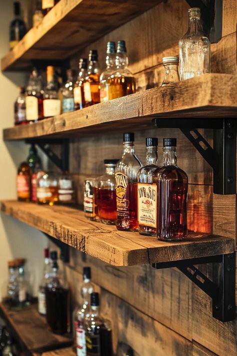 Home Bar Shelving Ideas, Bar Shelves Ideas, Home Bar Shelf, Whisky Display, Glass Bar Shelves, Bar Shelf Ideas, Small Bars For Home, Whiskey Lounge, Bourbon Room