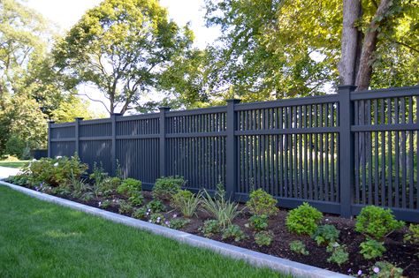 Two Fences One Yard, Fence Around Pool And Yard, Fence Ideas Around House, Black Vinyl Fence Ideas, Fence Around Whole House, Large Front Yard Fence Ideas, Black Rod Iron Fence, Maintenance Free Fence, Metal Fence Landscaping