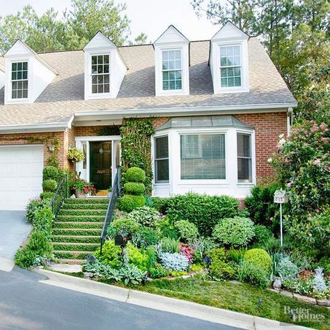 Landscaping Front Yard With Porch, Front Yard With Porch, Hillside Planting, Slope Landscaping, Veranda Design, Front Door Steps, Creeping Fig, Beautiful Front Doors, Door Exterior