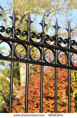 Close to points of a wrought iron gate in front of a colorful garden Rod Iron Fences, Wrought Iron Gate Designs, Wrought Iron Garden Gates, Fence Wall Design, Iron Garden Gates, Gate Designs Modern, Grill Gate Design, Iron Door Design, Wrought Iron Design