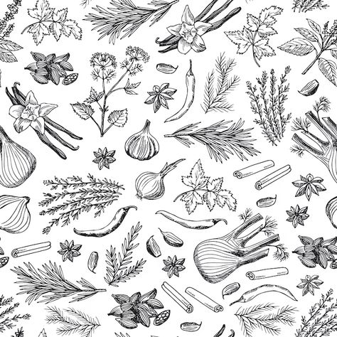 Premium Vector | Hand drawn herbs and spices background or pattern Elephant Background, Retro Vector, Herbs And Spices, Tree Illustration, Hand Drawn Vector, Vector Hand, Pattern Illustration, Free Vector Art, Vector Pattern