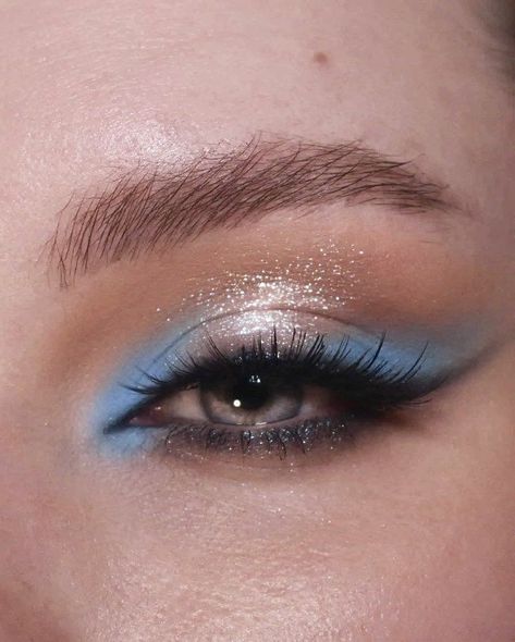 Blue Accent Eye Makeup, Blue Eye Gems Makeup, Makeup For Ice Blue Dress, Dark Blue Silver Makeup, Blue Stage Makeup, Blue Makeup Glitter, Shimmery Blue Eyeshadow, Hanukkah Makeup, Silver Blue Eyeshadow