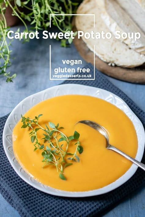 Carrot Sweet Potato Soup - Veggie Desserts Sweet Potato Soup Crockpot, Soup Recipes Sweet Potato, Sweet Potato Soup Healthy, Easy Sweet Potato Soup, Potato Soup Healthy, Carrot Sweet Potato Soup, Carrot And Sweet Potato Soup, Potato Soup Crockpot, Potato Soup Vegan