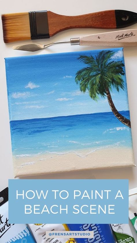 Fan Brush Painting, Beach Painting Tutorial, Seascape Paintings Acrylic, Beachy Paintings, Tropical Beach Painting, Beach Canvas Paintings, Beginners Landscaping, Beach Scene Painting, A Beach Scene