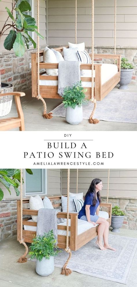 Aug 17, 2022 - Make your outdoor space extra relaxing with a porch swing bed. Let me show you how to build a patio swing bed with this easy tutorial. Swing Bed Porch, Farmhouse Porch Swings, How To Build A Porch, Build A Patio, Diy Porch Swing Bed, Porch Swing Plans, Porch Bed, Diy Swing, Diy Porch Swing