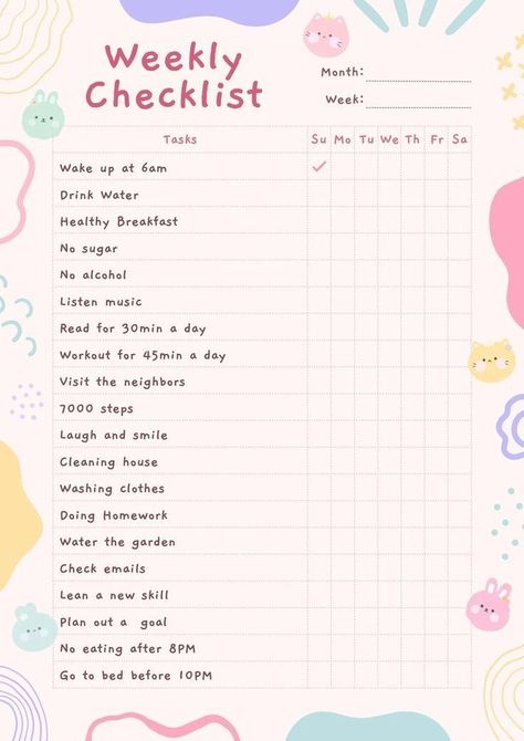 Daily Routine Schedule Checklist, Weekly Planner Checklist, To Do List Daily Things To Do, Weekly Planner Colorful, Daily Routine Schedule Journal, Daily Routine Wallpaper Aesthetic, Digital Checklist Template, Week Routine Daily Schedules, Daily Routine Schedule Planner