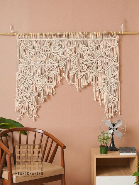 Sew or glue fabric shapes or patterns onto your curtains for a custom look. Macrame Bed Headboard, Boho Wall Tapestry, Weaving Wall Decor, Macrame Wall Hanging Large, Macrame Leaf, Macrame Headboard, Leaf Curtains, Plain Curtains, Headboard Decor