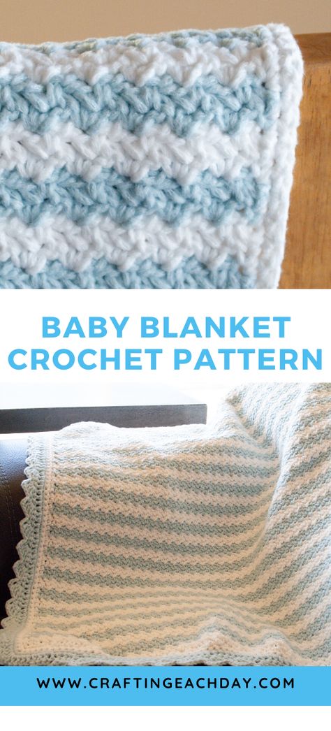 This modern crochet baby blanket would be a perfect gift for a baby boy. Pick light blue and white for a classic look or choose your own favorite colors. The pattern stitch in this crochet baby blanket pattern makes for a warm and snuggly gift. Use Lion Brand Feels Like Butta yarn for a super soft and warm blanket. Or choose another soft worsted weight yarn. Premium pattern with photo tutorials for changing colors and hiding yarn floats. #crochetbabyblanket #crochetpattern #crochetafghan Crochet Baby Blanket Free Pattern Boy, Boy Pick, Crochet Borders For Blankets, Crochet Baby Projects, Crochet Patterns Baby Boy, Blankets Crochet, Baby Boy Crochet Blanket, Light Worsted Weight Yarn