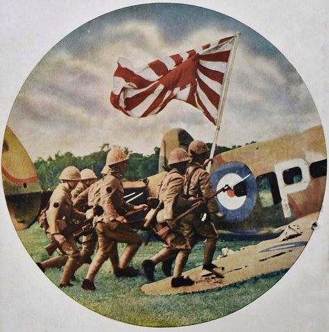 https://flic.kr/p/TwPF1p | Battle of Ambon | Soldiers of the 1st Kure SNLF passing by a destroyed RAAF Lockheed Hudson light Bomber during the Battle of Ambon, Dutch East Indies 1942. Rising Sun Flag, Perang Dunia Ii, Wwii Uniforms, Japanese Flag, Ww2 History, Japanese History, Japanese Warrior, Military Pictures, Military History