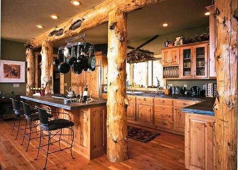 Log Home Kitchen, Log Home Interior, Log Home Kitchens, Cabin Bar, Log Home Living, Log Home Interiors, Lodge Homes, Rustic Kitchen Design, Cabin Kitchens