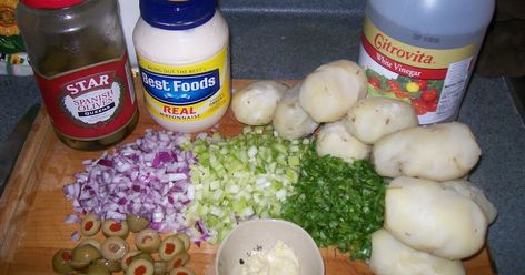 My grandmother from my fathers side (Spanish/ Cuban) whom I call " Tata " makes a wonderful potato salad. It has very Spanish flavors she dr... Grandmas Potato Salad, Potato Salad Without Eggs, Leafy Salad, Soda Stream, Cuban Recipes, Latin Food, Minced Onion, Fruit Drinks, Russet Potatoes