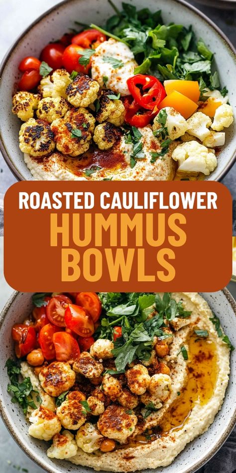 The Roasted Cauliflower Hummus Bowls are a fresh, wholesome dish that’s perfect for any meal! 🥗🌿 With roasted cauliflower, creamy hummus, and a mix of fresh veggies, this bowl is both nutritious and satisfying. It’s easy to prepare and ideal for a healthy lunch or dinner that’s full of flavor.  📌 Pin this recipe to enjoy a healthy and delicious roasted cauliflower hummus bowl anytime! #CauliflowerHummusBowls #HealthyBowls #PlantBasedMeals #WholesomeEats #VegetarianRecipes #MealPrep Hummus Bowls Vegetarian, Whole 30 Hummus, Vegan Hummus Bowl, Hummus Dinner Recipes, Roasted Cauliflower Chickpea Potato Bowl, Mediterranean Cauliflower Recipes, Hummus Meal Ideas, Healthy Antiinflammatory Meals, Recipes With Hummus