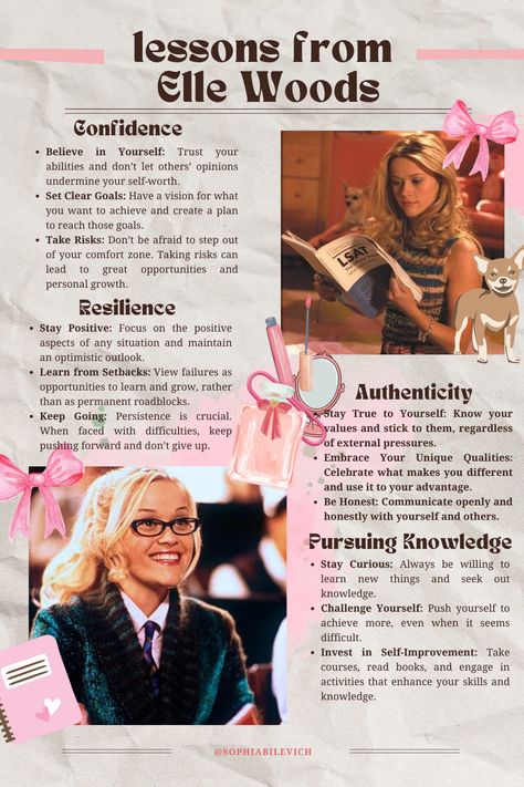 #selfimprovement #glowup #legallyblonde #lessons #lessonsfromellewoods #ElleWoods #confidence #confidencetips #legallyblonde Elle Woods Graduation Speech, Elle Woods Inspiration, How To Be Like Elle Woods, Elle Woods Makeup, Elle Woods Study Method, Nataly Core, Study Like Elle Woods, Legally Blonde Aesthetic, Elle Woods Aesthetic