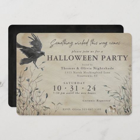 Spooky Raven Halloween Something Wicked Invitation - vintage halloween invitations Gothic Watercolor, Adult Halloween Party Invitations, Halloween Cocktail Party, Halloween Invites, Raven Halloween, Candy Wall, Party For Adults, Creepy Halloween Costumes, Costume Party Invitations