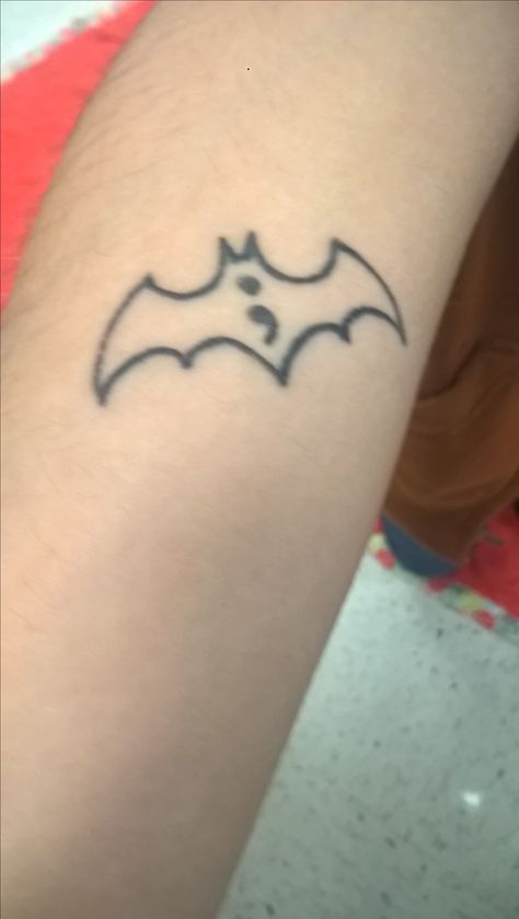 Semicolon project batman Tattoo Semicolon, Tattoo Bat, Batman Tattoos, Colon Tattoo, Semicolon Project, Batman Tattoo, Cute Tats, Piercing Inspo, Semicolon Tattoo