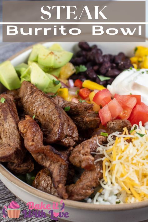 Steak Rice Recipes, Mexican Bowl Recipe Beef, Steak Bowls Recipe, Steak Bite Bowl, Best Burrito Bowl Recipe, Steak Burrito Recipes, Rice Steak Bowls, Chipotle Bowl Recipe Steak, Steak Buddha Bowl