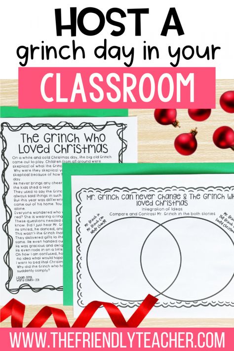 Grinch Day in the Classroom - The Friendly Teacher Grinch Day At School Activities 3rd Grade, Grinch Day Third Grade, Grinch Day At School 3rd Grade, Grinch Day Upper Elementary, Grinch Day Activities 4th Grade, The Grinch Classroom Activities, Grinch Day Activities For 2nd Grade, Grinch Classroom Party Ideas, Grinch Party Classroom