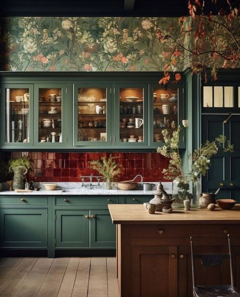 Kitchen S, Kitchen Ideas Dark Cabinets, Kitchen Ideas Dark, Victorian Kitchen, Dark Kitchen Cabinets, Boho Kitchen, Dark Cabinets, Red Kitchen, Kitchen Inspiration Design