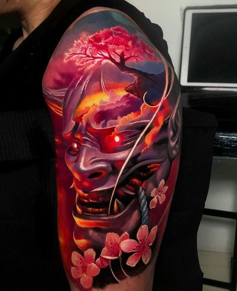 Japanese Demon Tattoo, Japanese Mask Tattoo, Samurai Tattoo Sleeve, Japanese Leg Tattoo, Japanese Back Tattoo, Arm Tattoos Drawing, Oni Mask Tattoo, Oni Tattoo, Hannya Mask Tattoo